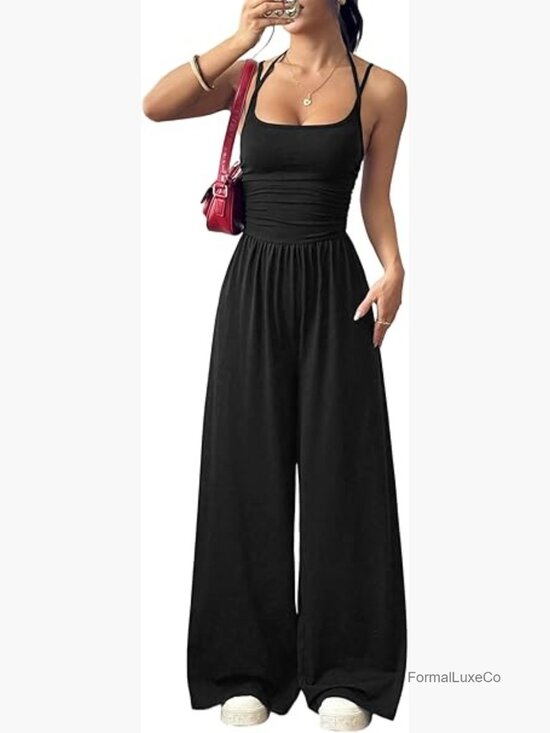 Pants - Sleeveless Tank Jumpsuit - Wide Leg Casual Romper